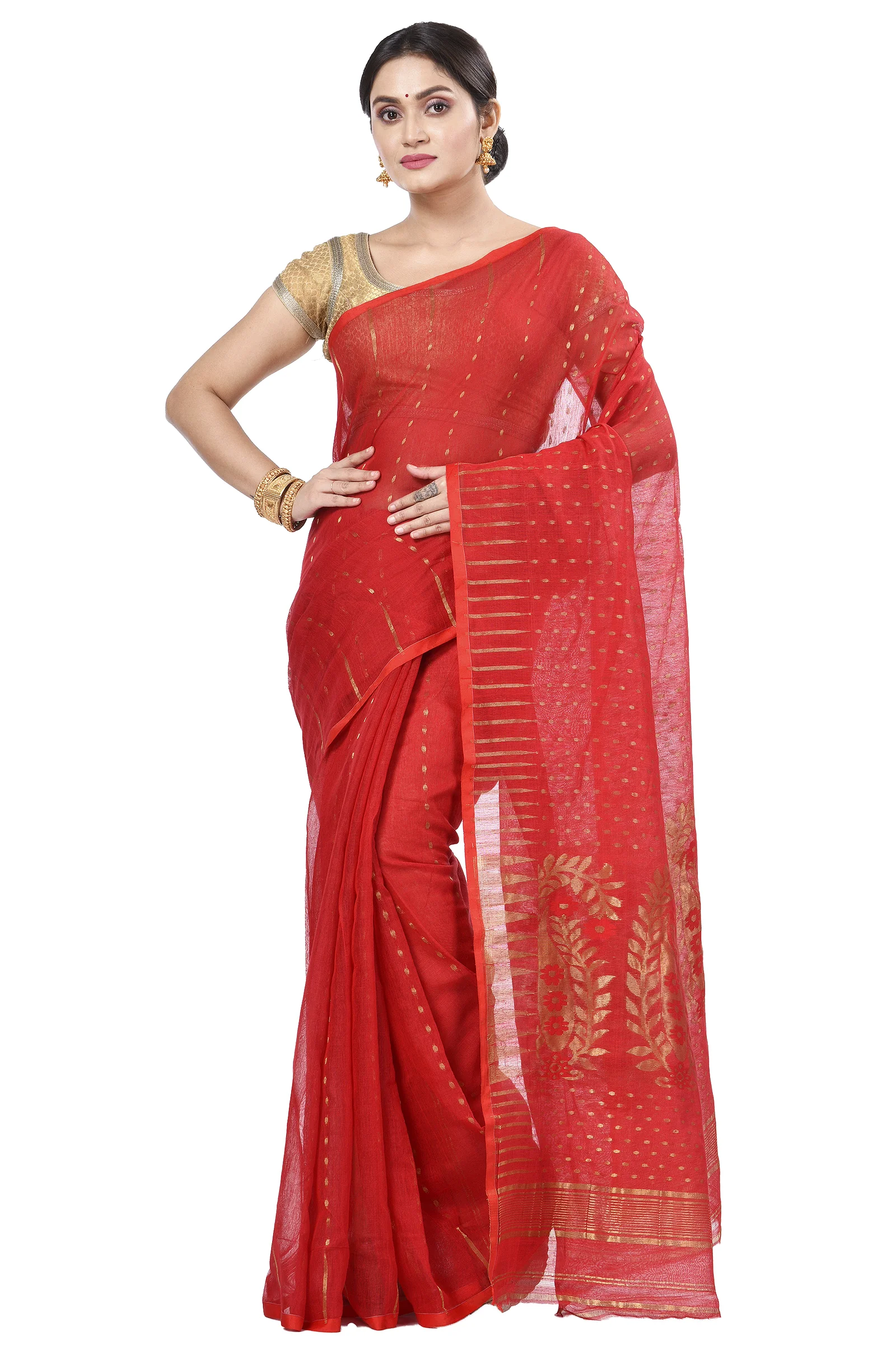 Red Blended Cotton New HALF  JAMDINE Jamdani Saree (527)