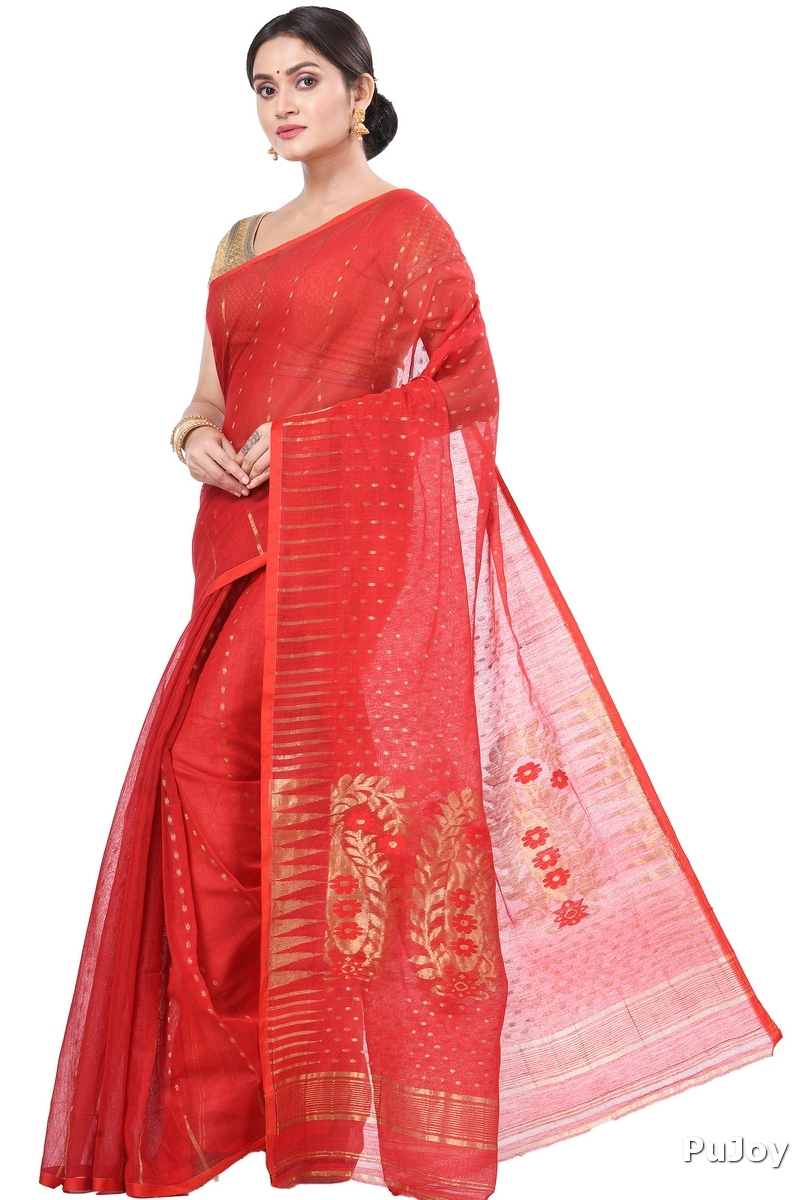 Red Blended Cotton New HALF  JAMDINE Jamdani Saree (527)