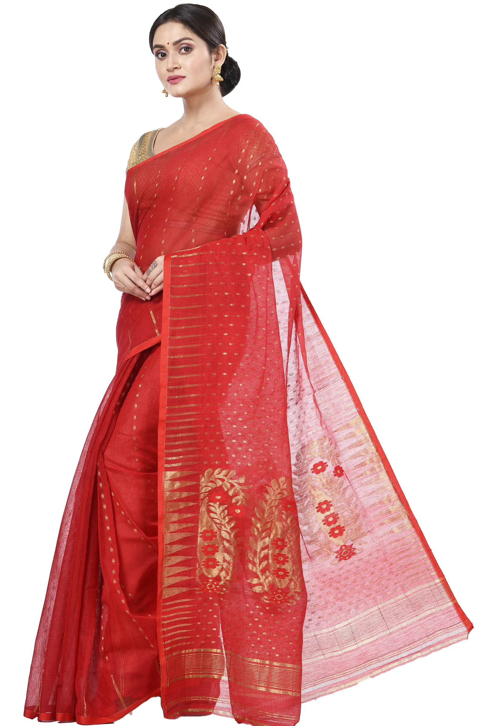 Red Blended Cotton New HALF  JAMDINE Jamdani Saree (527)