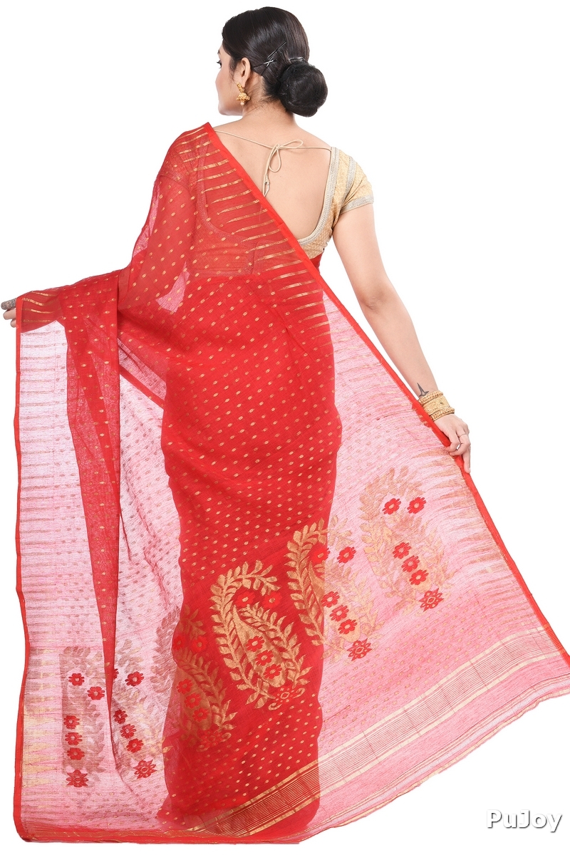 Red Blended Cotton New HALF  JAMDINE Jamdani Saree (527)