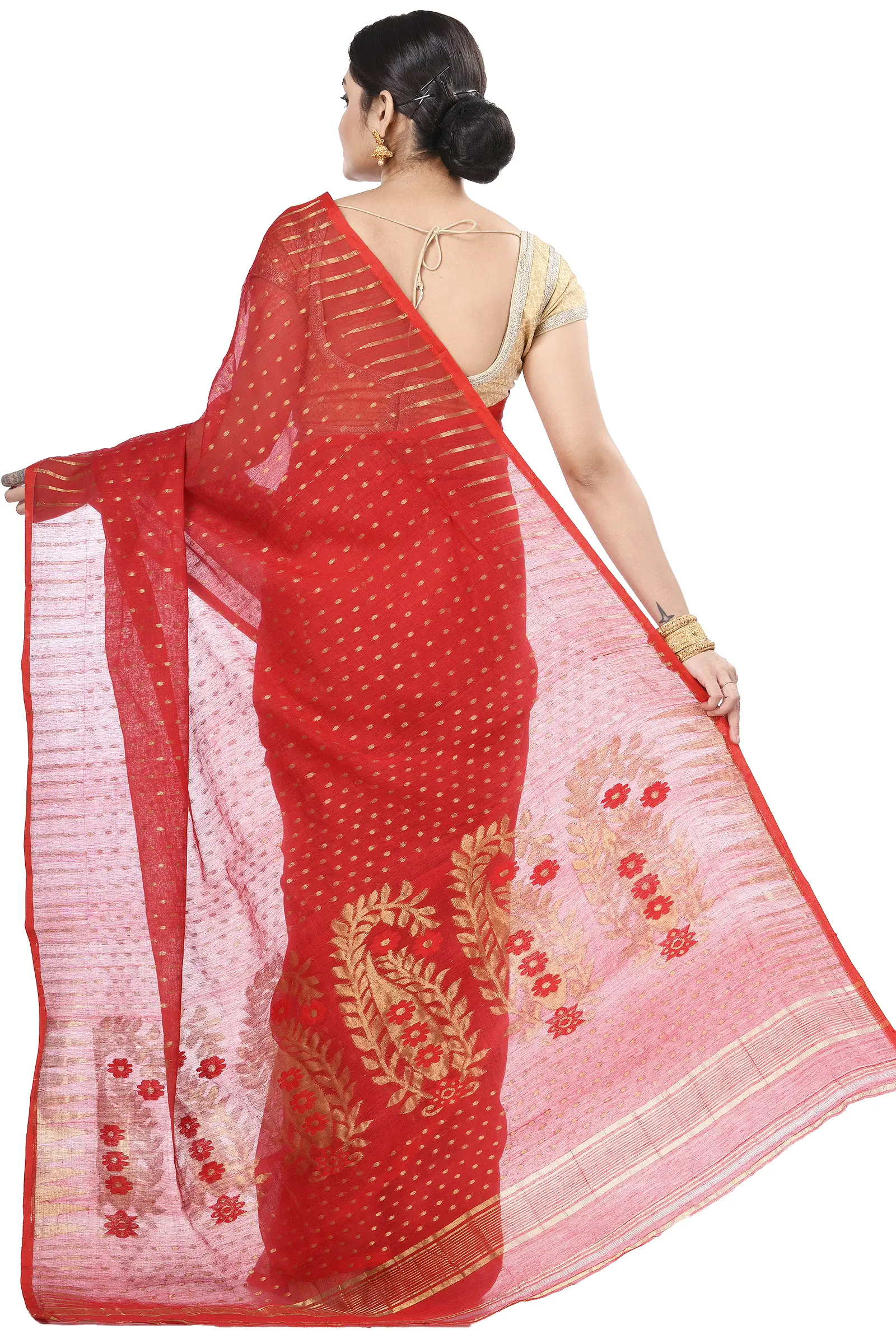 Red Blended Cotton New HALF  JAMDINE Jamdani Saree (527)