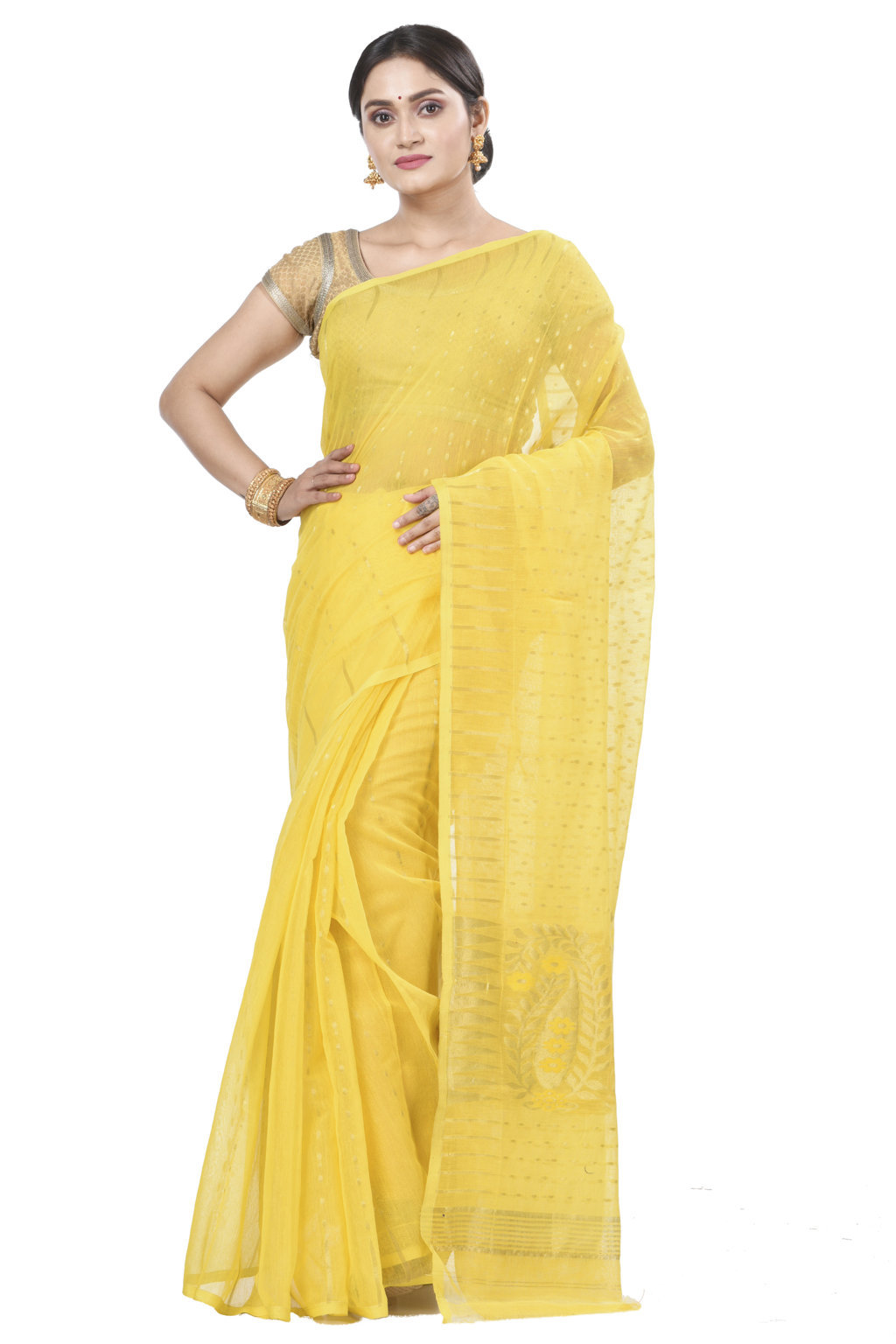Yellow Blended Cotton New HALF  JAMDINE Jamdani Saree (528)