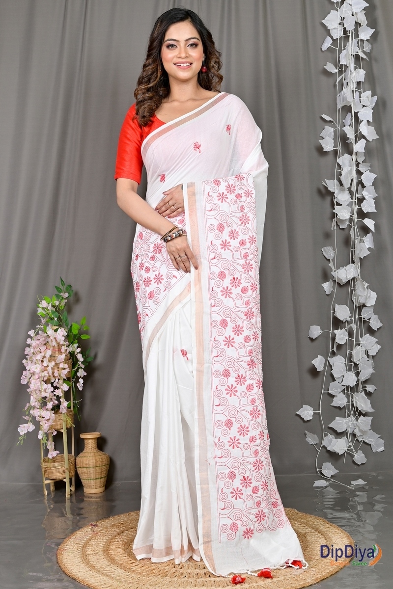 White Cotton Blended Paru Hand Loom Saree (529)