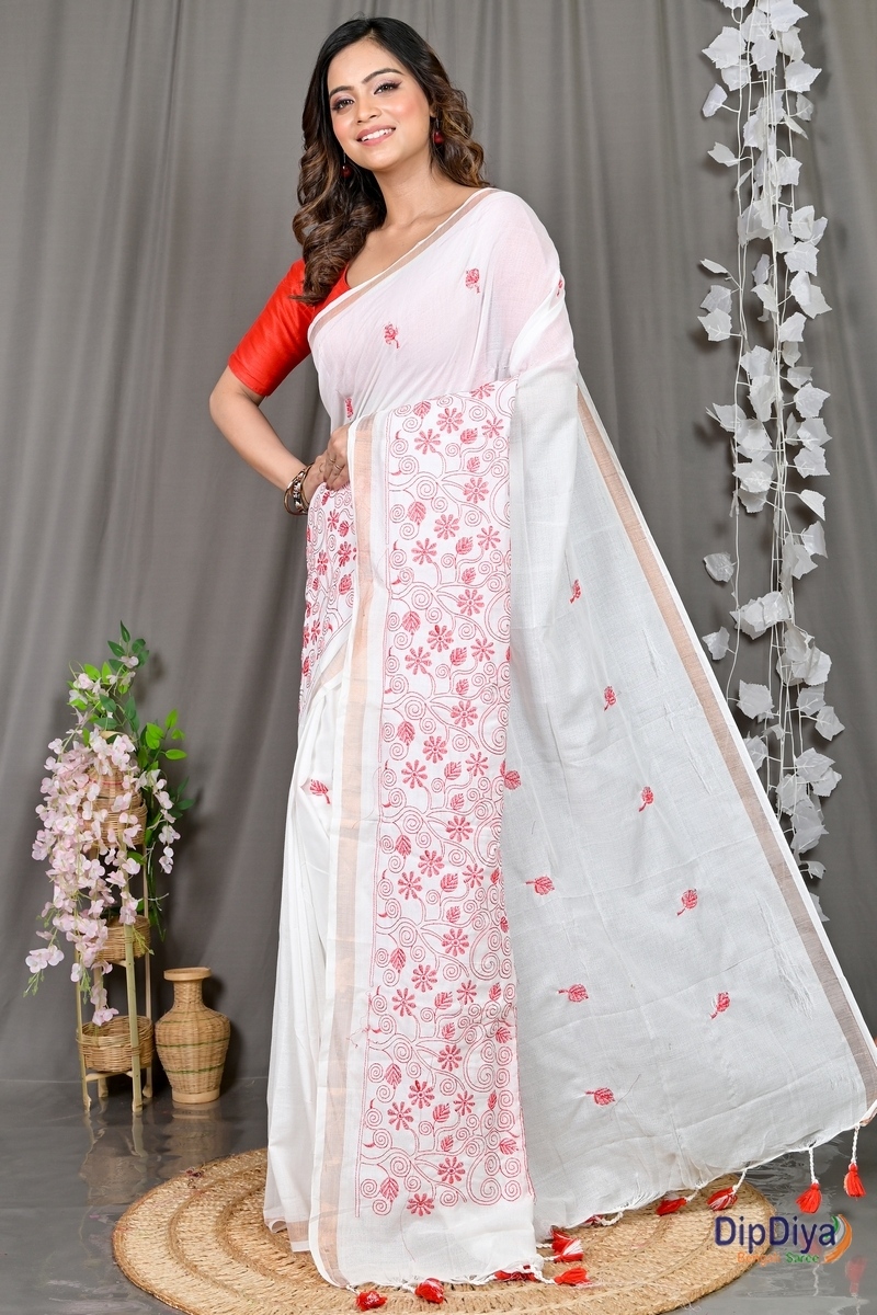 White Cotton Blended Paru Hand Loom Saree (529)