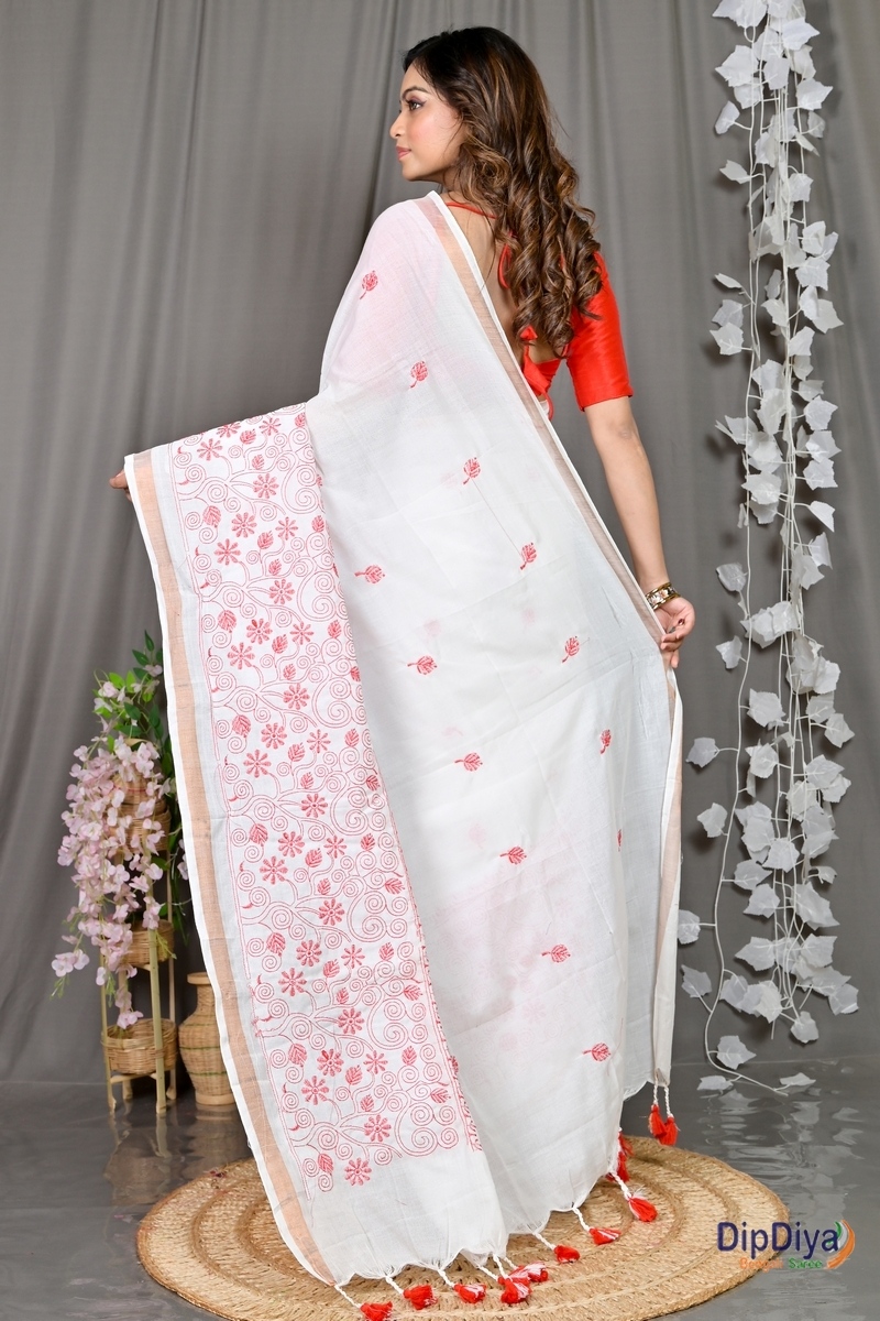 White Cotton Blended Paru Hand Loom Saree (529)