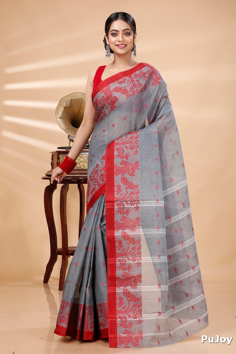 Grey Pure Cotton ParSakuntala Tant Saree (532)