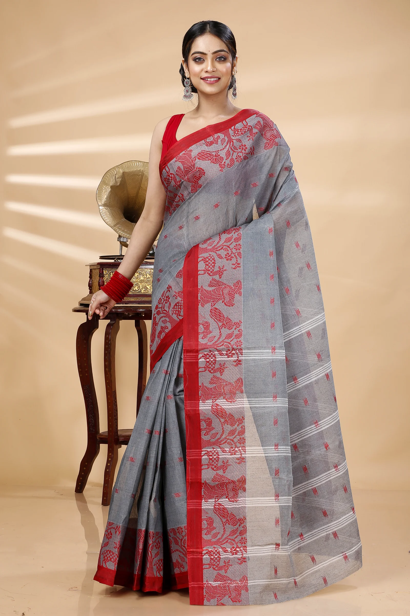 Grey Pure Cotton ParSakuntala Tant Saree (532)
