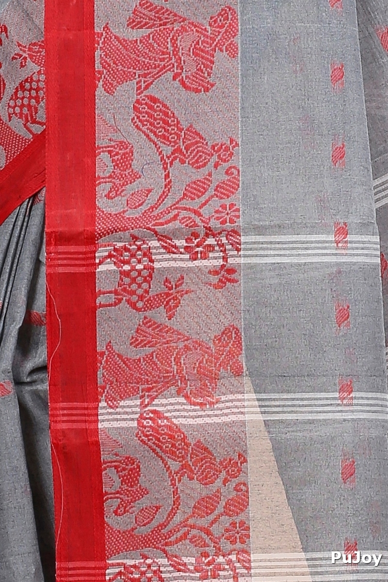 Grey Pure Cotton ParSakuntala Tant Saree (532)