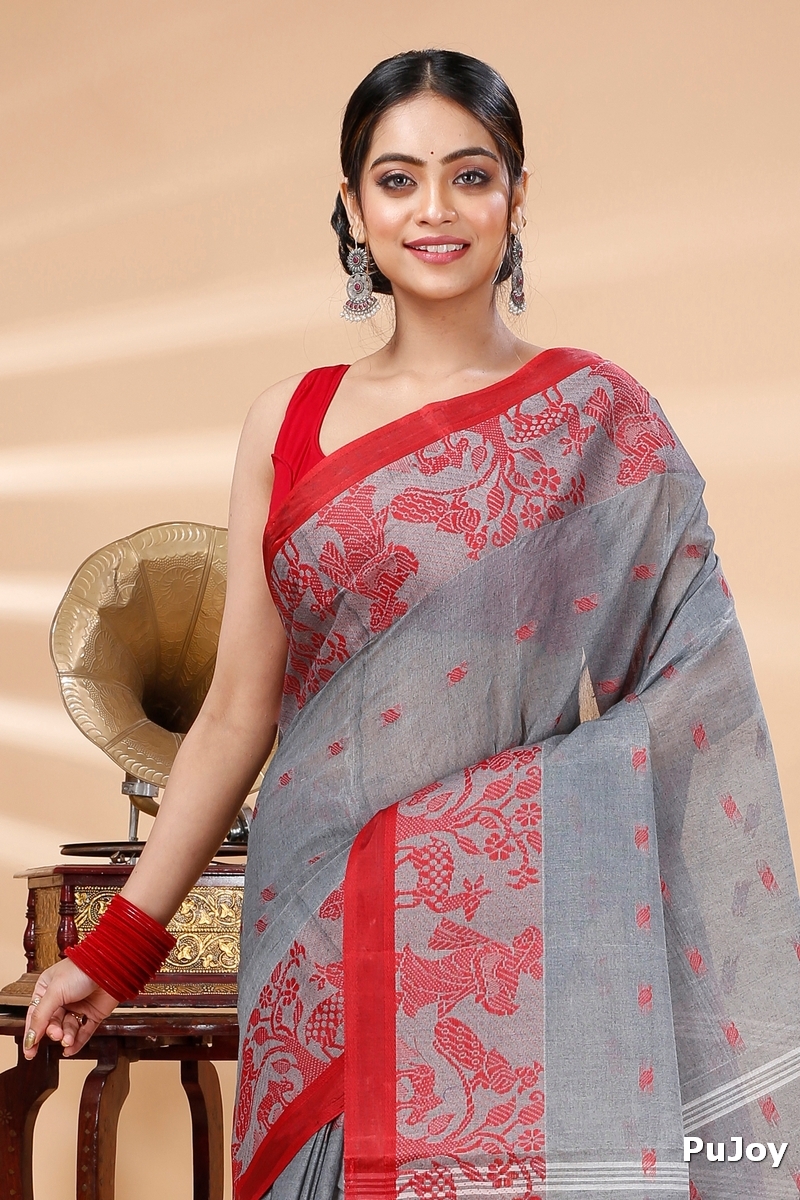 Grey Pure Cotton ParSakuntala Tant Saree (532)