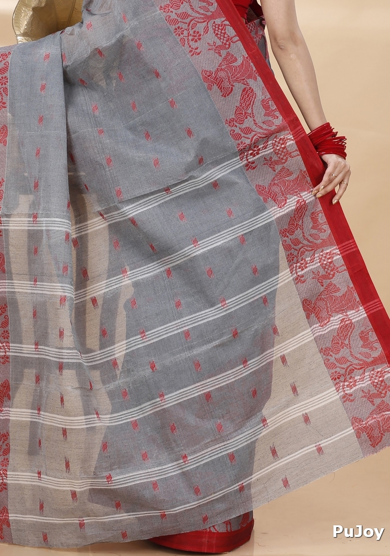 Grey Pure Cotton ParSakuntala Tant Saree (532)