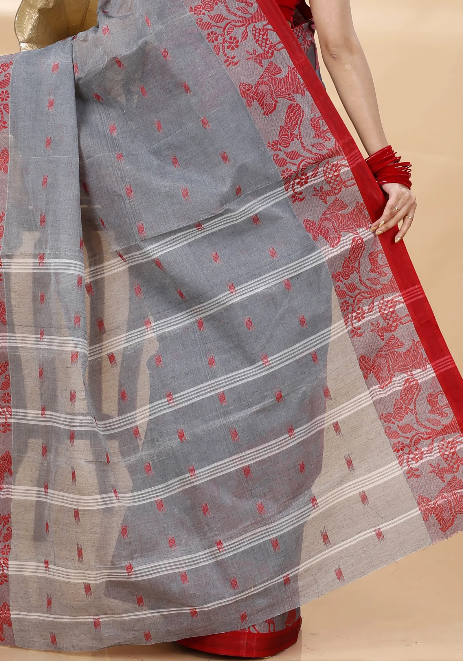 Grey Pure Cotton ParSakuntala Tant Saree (532)
