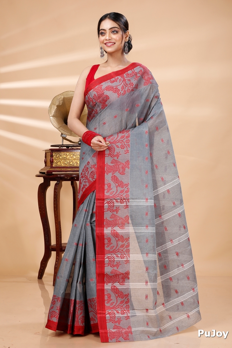 Grey Pure Cotton ParSakuntala Tant Saree (532)