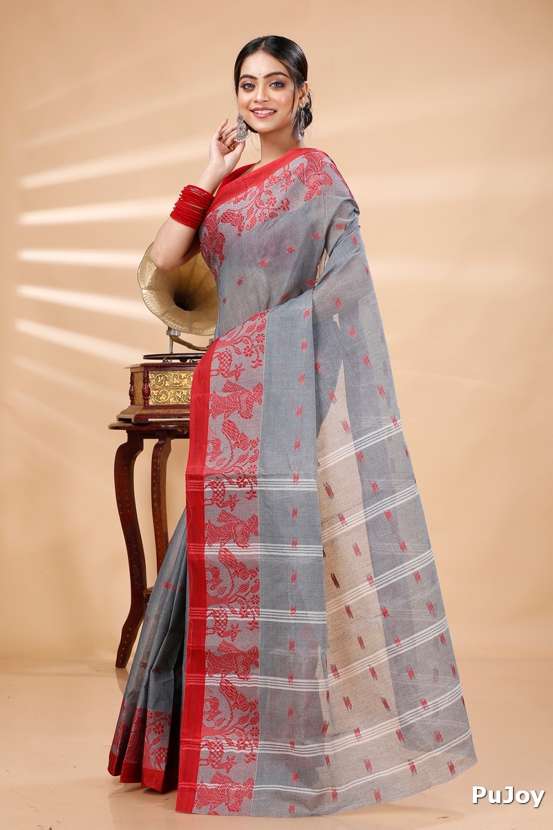 Grey Pure Cotton ParSakuntala Tant Saree (532)