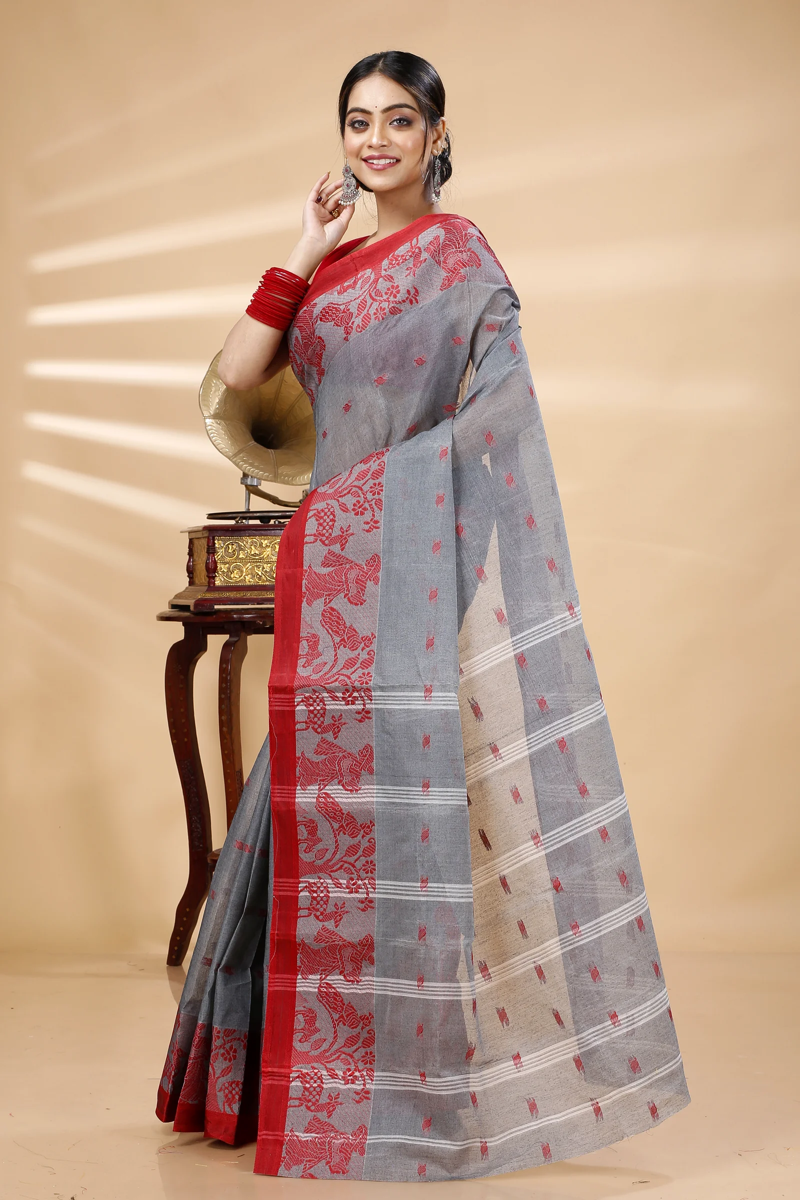 Grey Pure Cotton ParSakuntala Tant Saree (532)