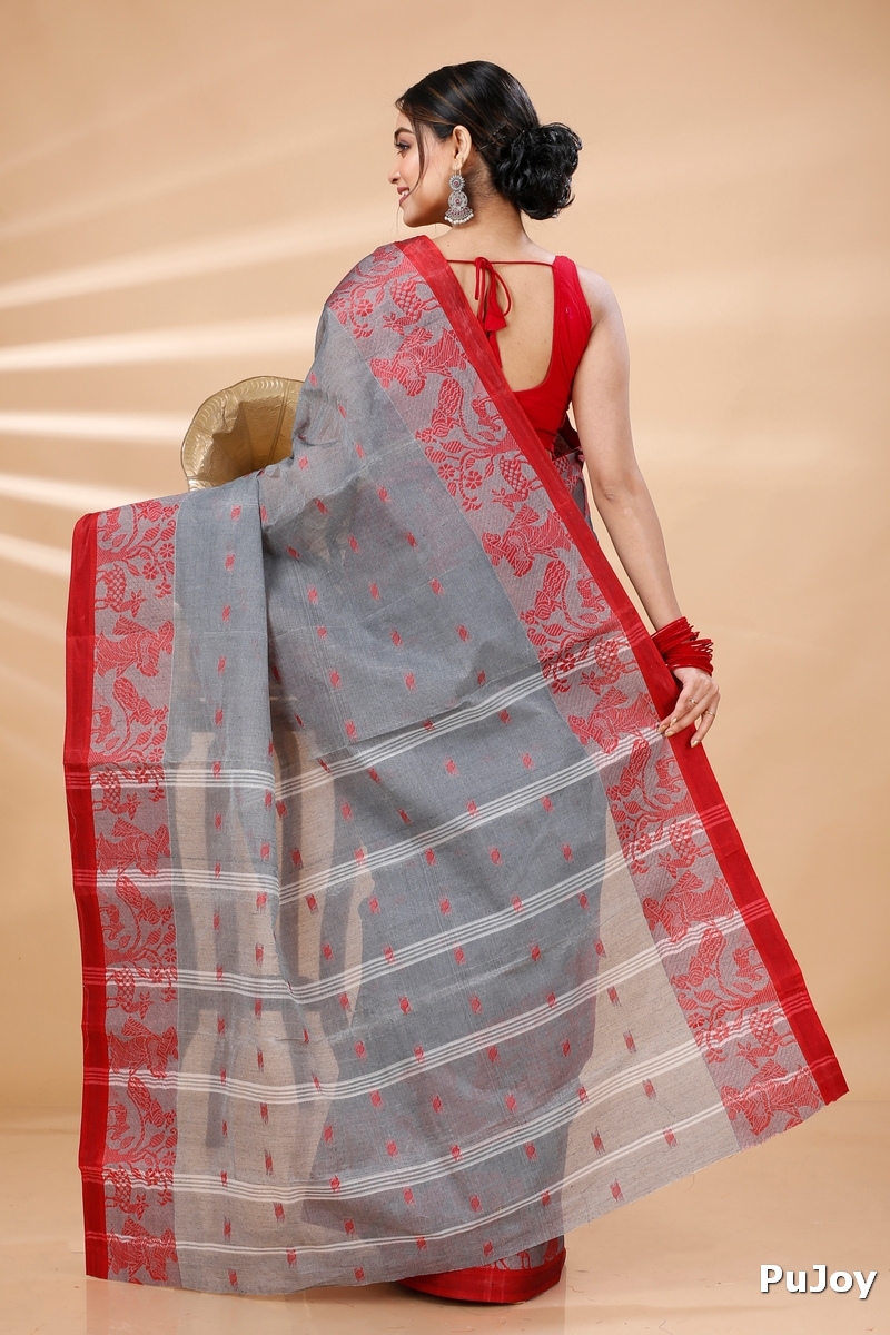 Grey Pure Cotton ParSakuntala Tant Saree (532)
