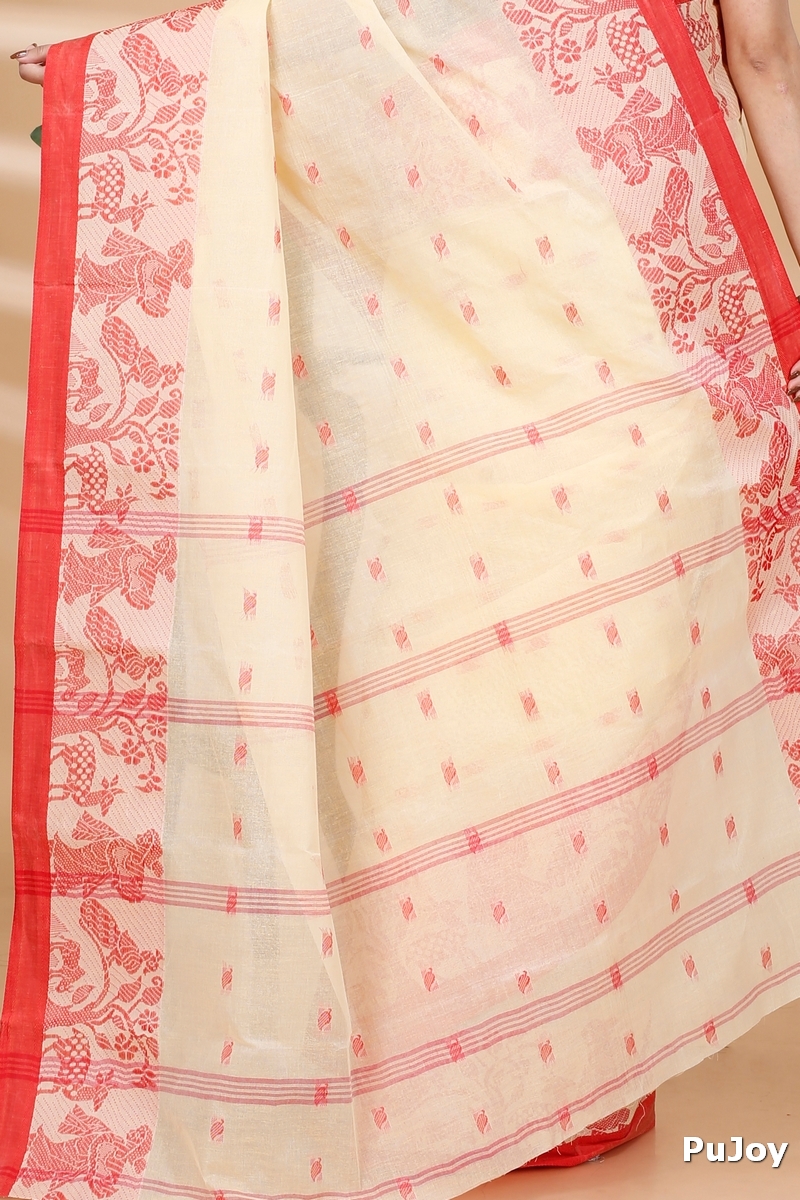 Off-White Pure Cotton ParSakuntala Tant Saree (533)