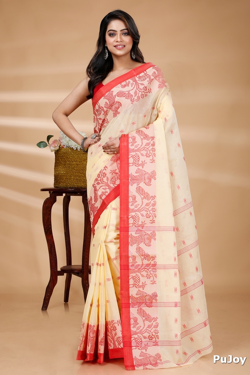 Off-White Pure Cotton ParSakuntala Tant Saree (533)