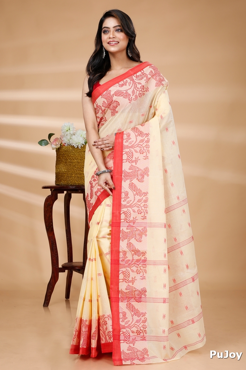 Off-White Pure Cotton ParSakuntala Tant Saree (533)