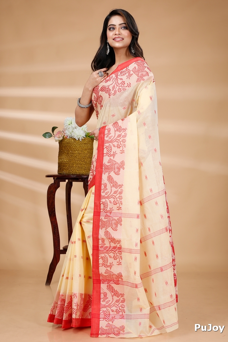 Off-White Pure Cotton ParSakuntala Tant Saree (533)