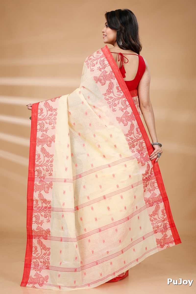 Off-White Pure Cotton ParSakuntala Tant Saree (533)