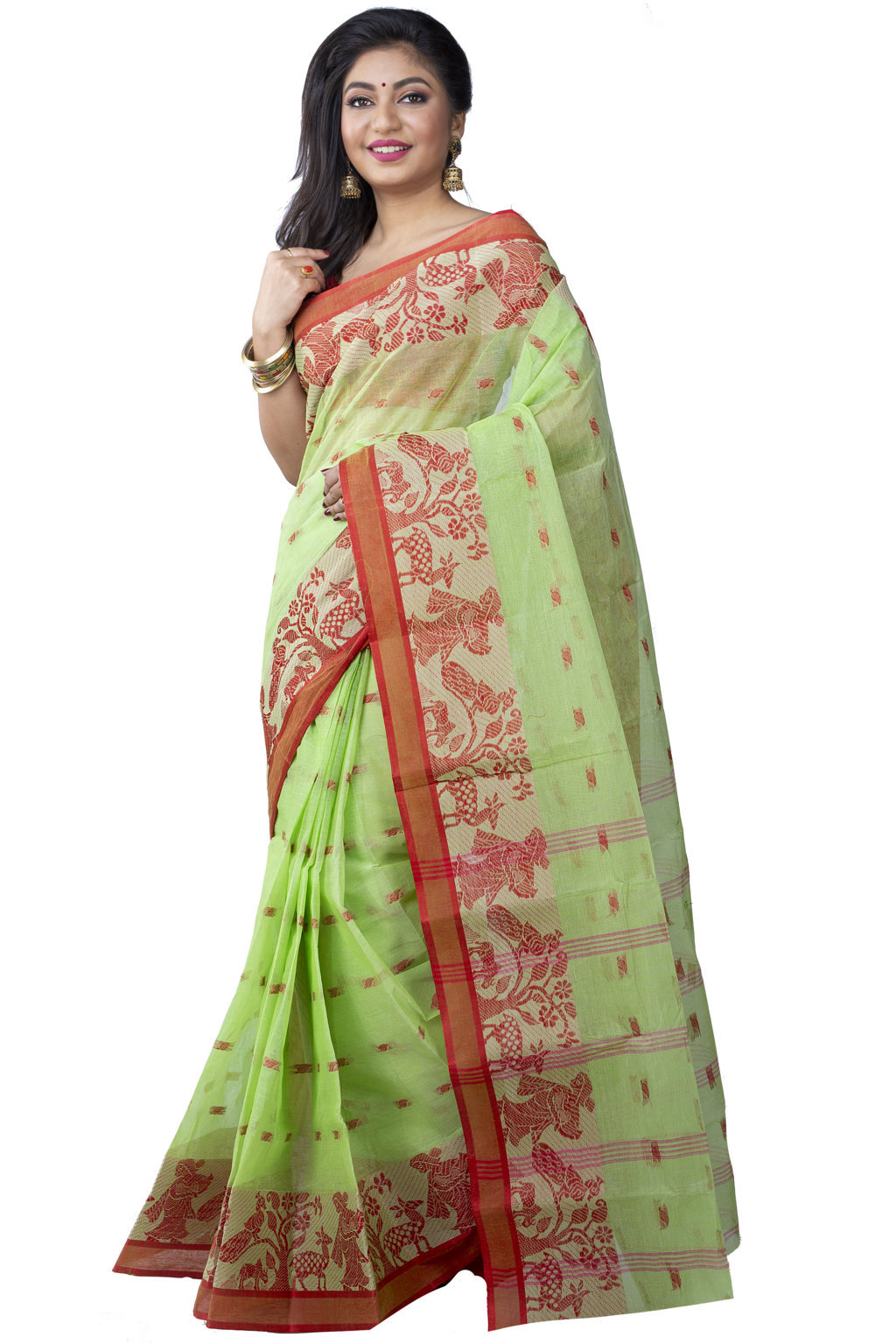 Olive Green Pure Cotton ParSakuntala Tant Saree (534)