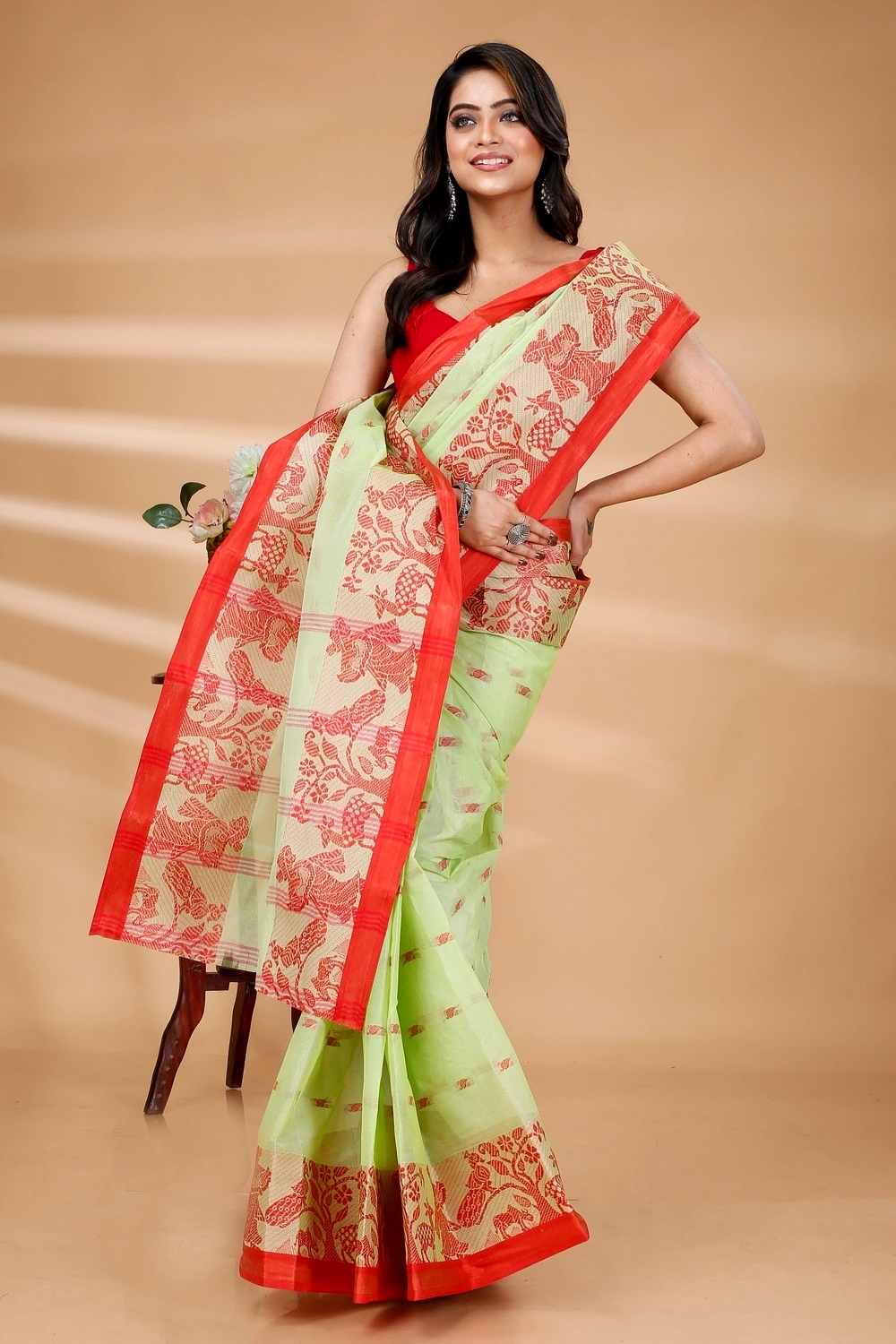 Olive Green Pure Cotton ParSakuntala Tant Saree (534)