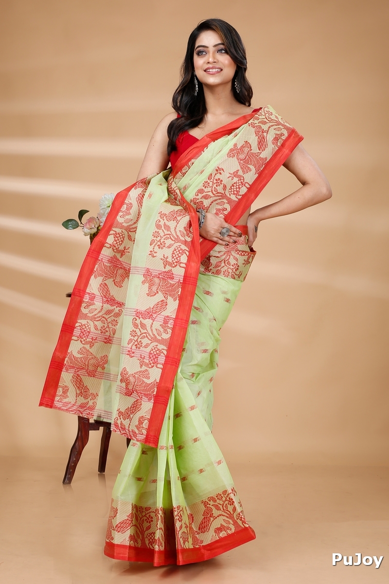 Olive Green Pure Cotton ParSakuntala Tant Saree (534)