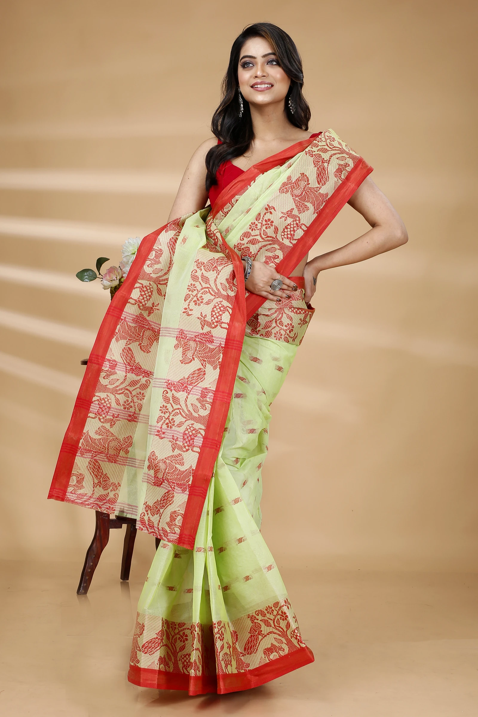 Olive Green Pure Cotton ParSakuntala Tant Saree (534)