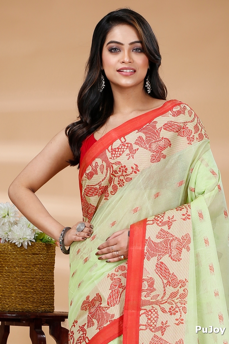 Olive Green Pure Cotton ParSakuntala Tant Saree (534)