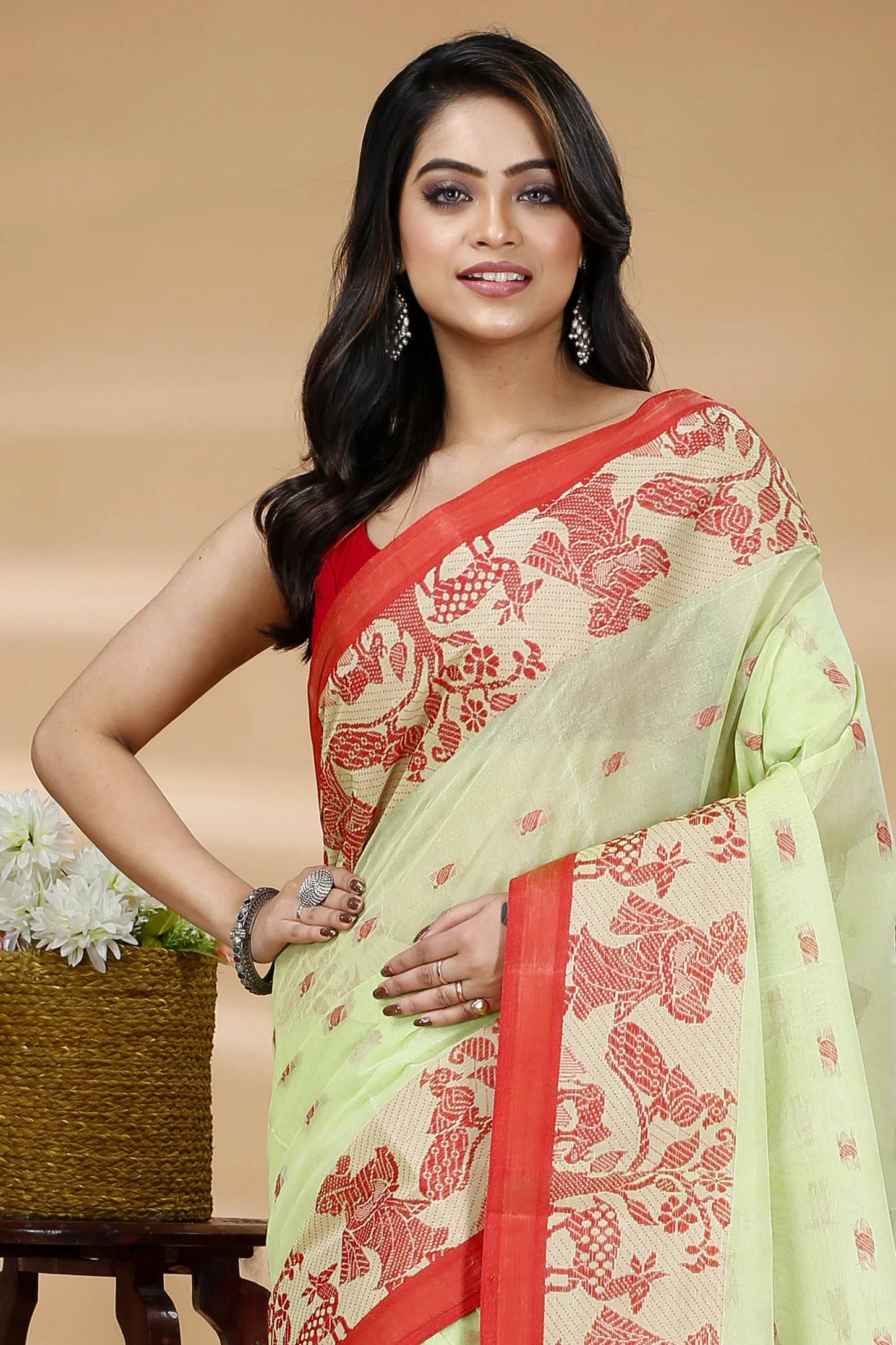Olive Green Pure Cotton ParSakuntala Tant Saree (534)