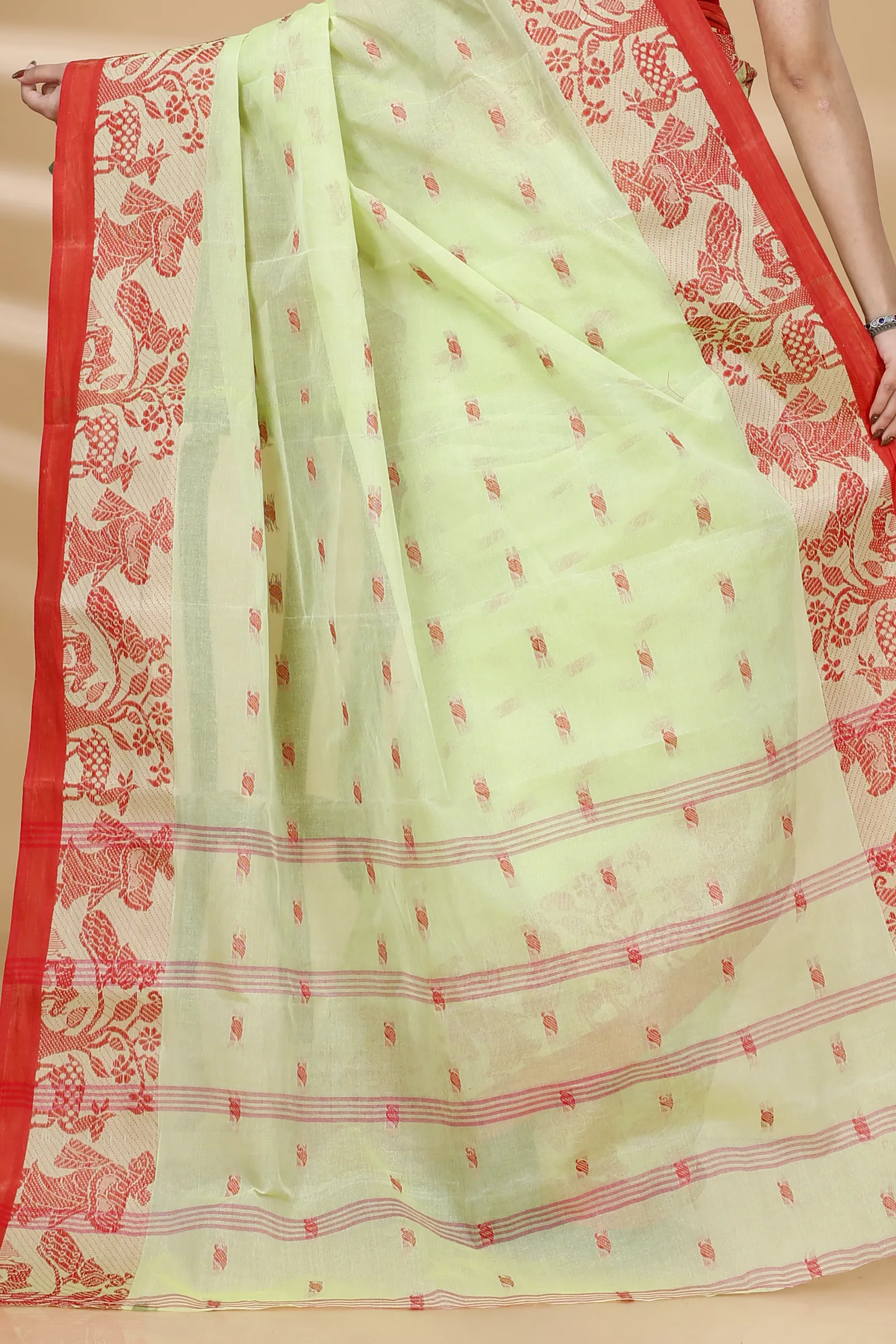 Olive Green Pure Cotton ParSakuntala Tant Saree (534)