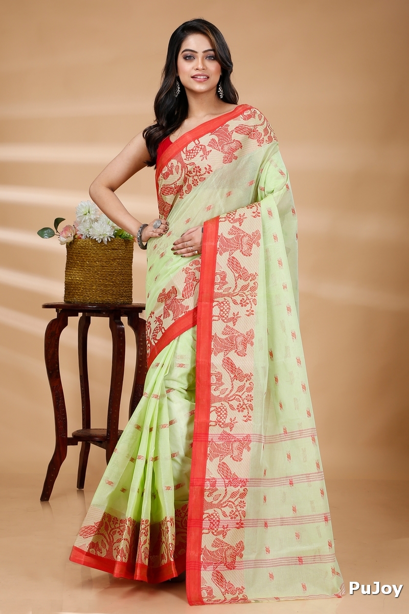 Olive Green Pure Cotton ParSakuntala Tant Saree (534)