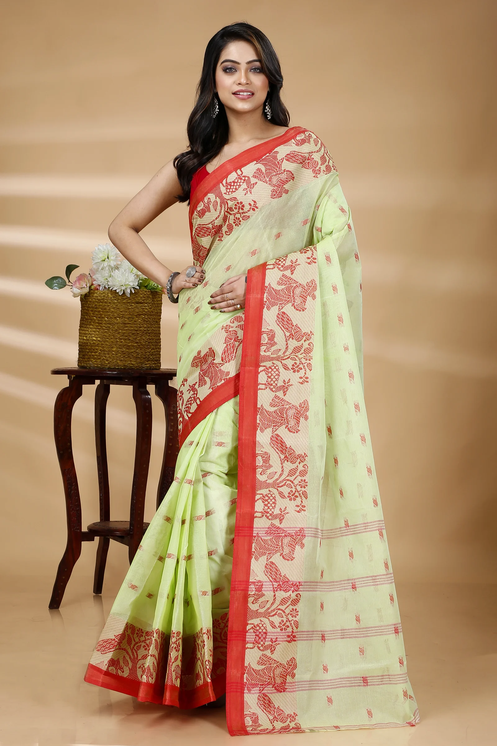 Olive Green Pure Cotton ParSakuntala Tant Saree (534)
