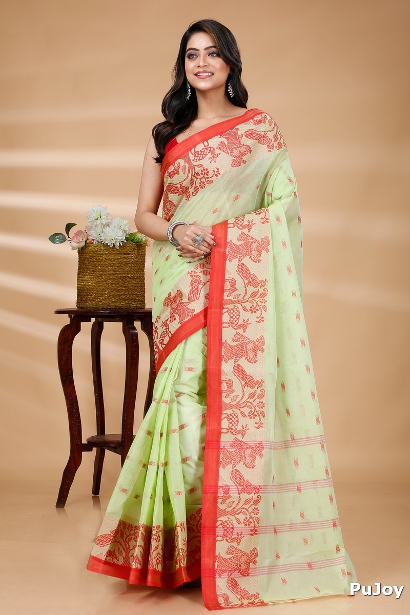 Olive Green Pure Cotton ParSakuntala Tant Saree (534)
