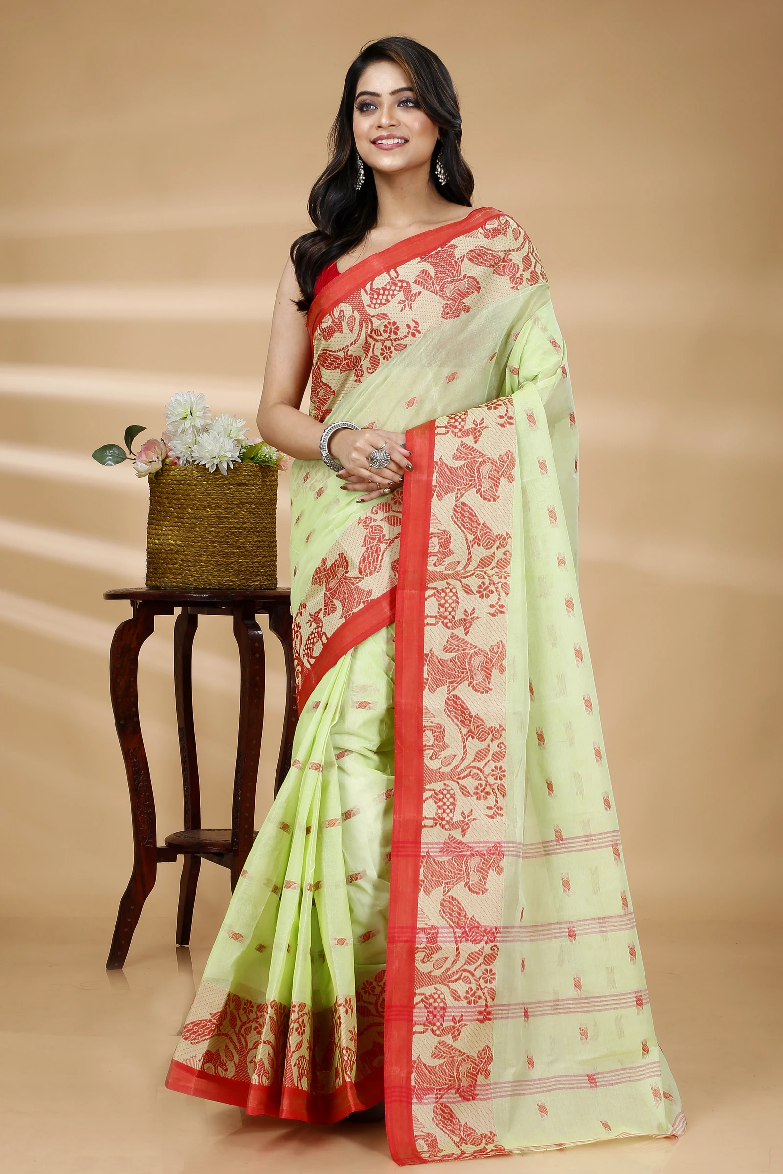 Olive Green Pure Cotton ParSakuntala Tant Saree (534)