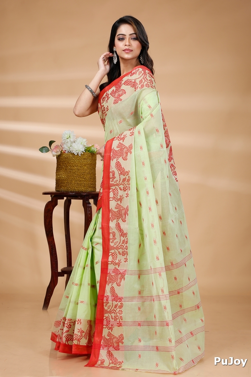 Olive Green Pure Cotton ParSakuntala Tant Saree (534)