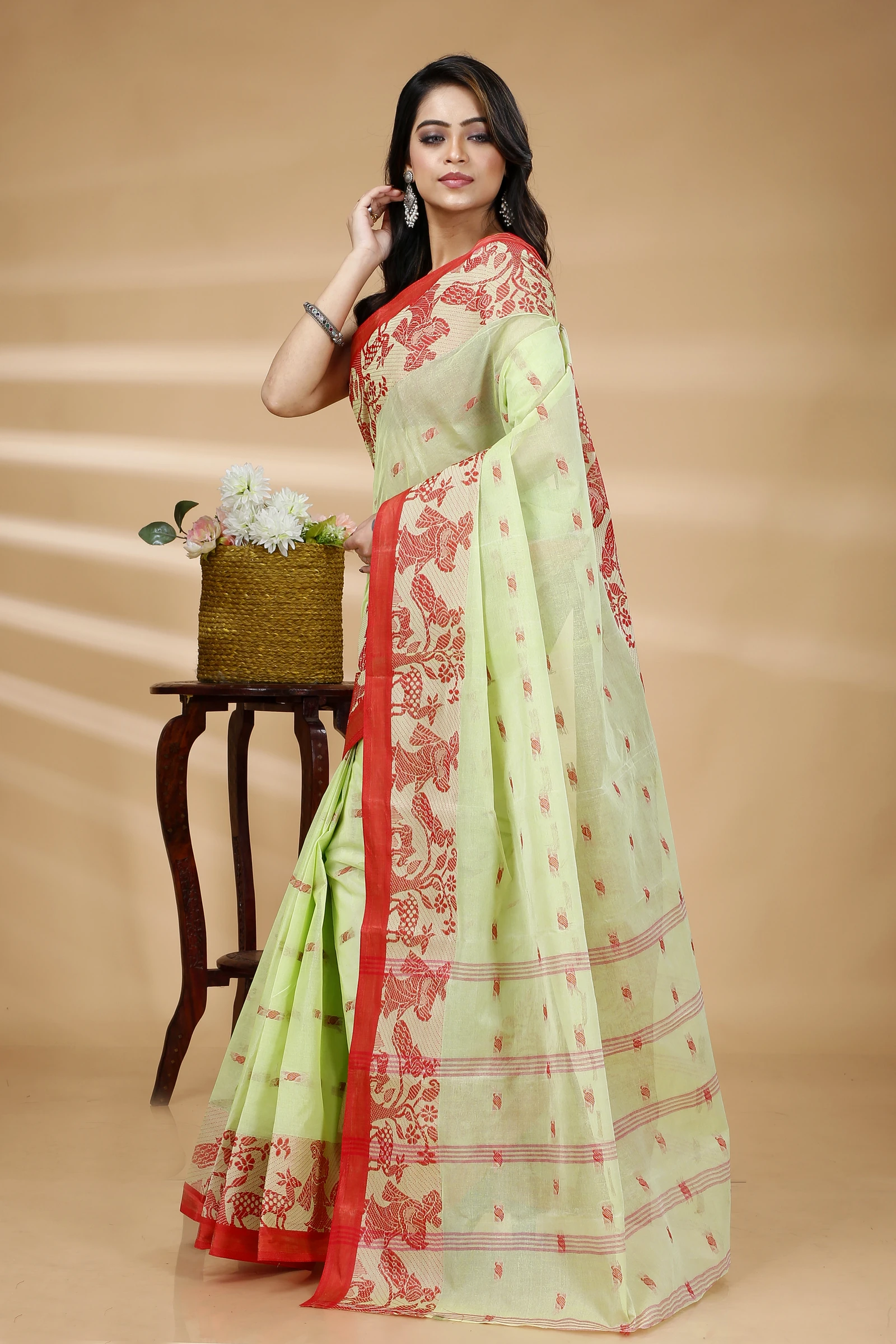 Olive Green Pure Cotton ParSakuntala Tant Saree (534)
