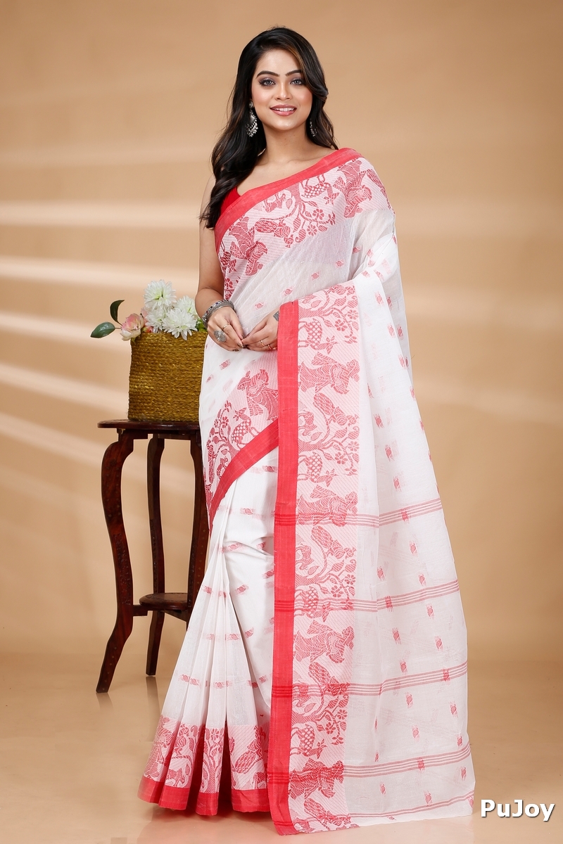 White Pure Cotton ParSakuntala Tant Saree (535)
