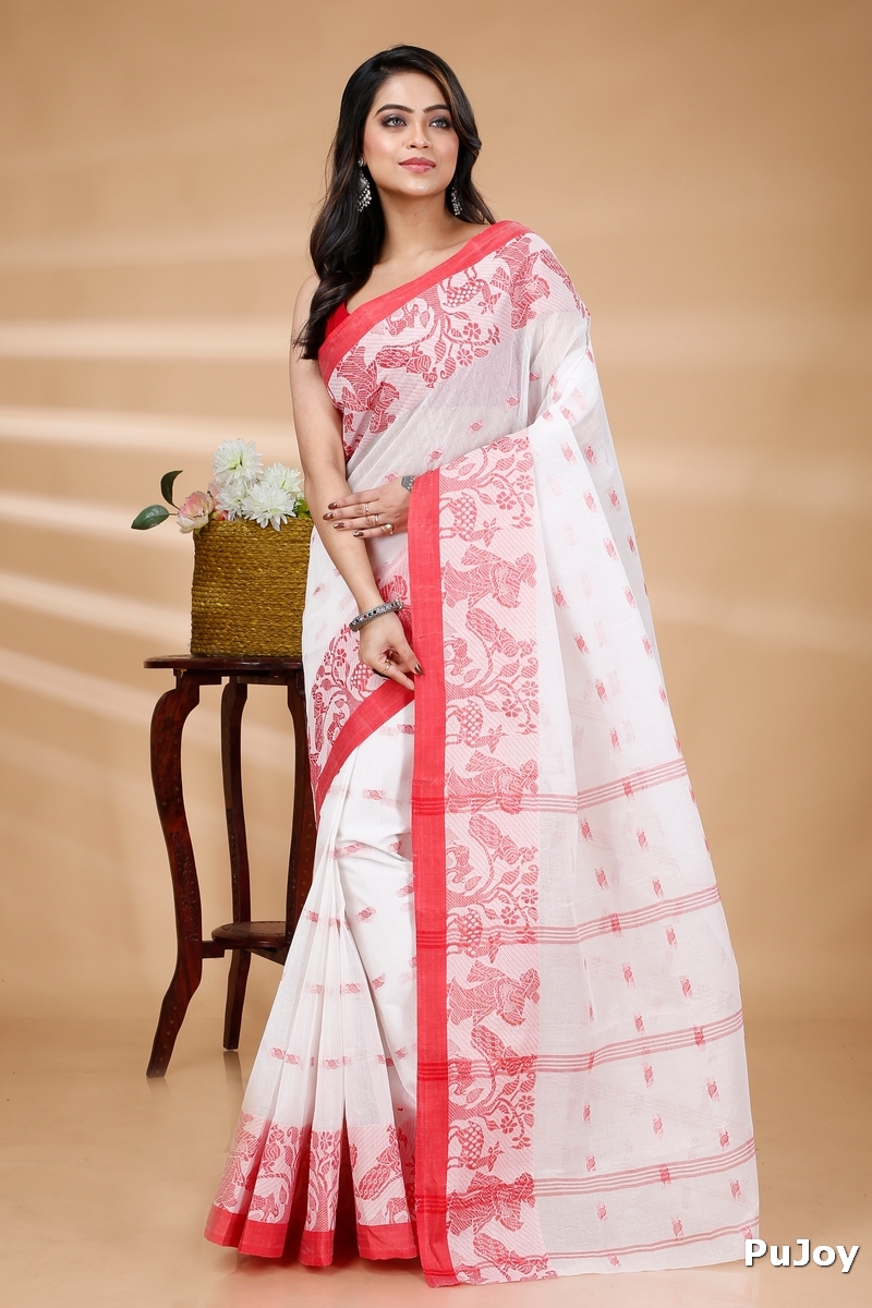 White Pure Cotton ParSakuntala Tant Saree (535)