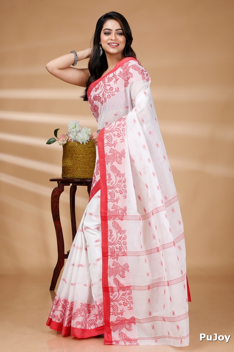 White Pure Cotton ParSakuntala Tant Saree (535)