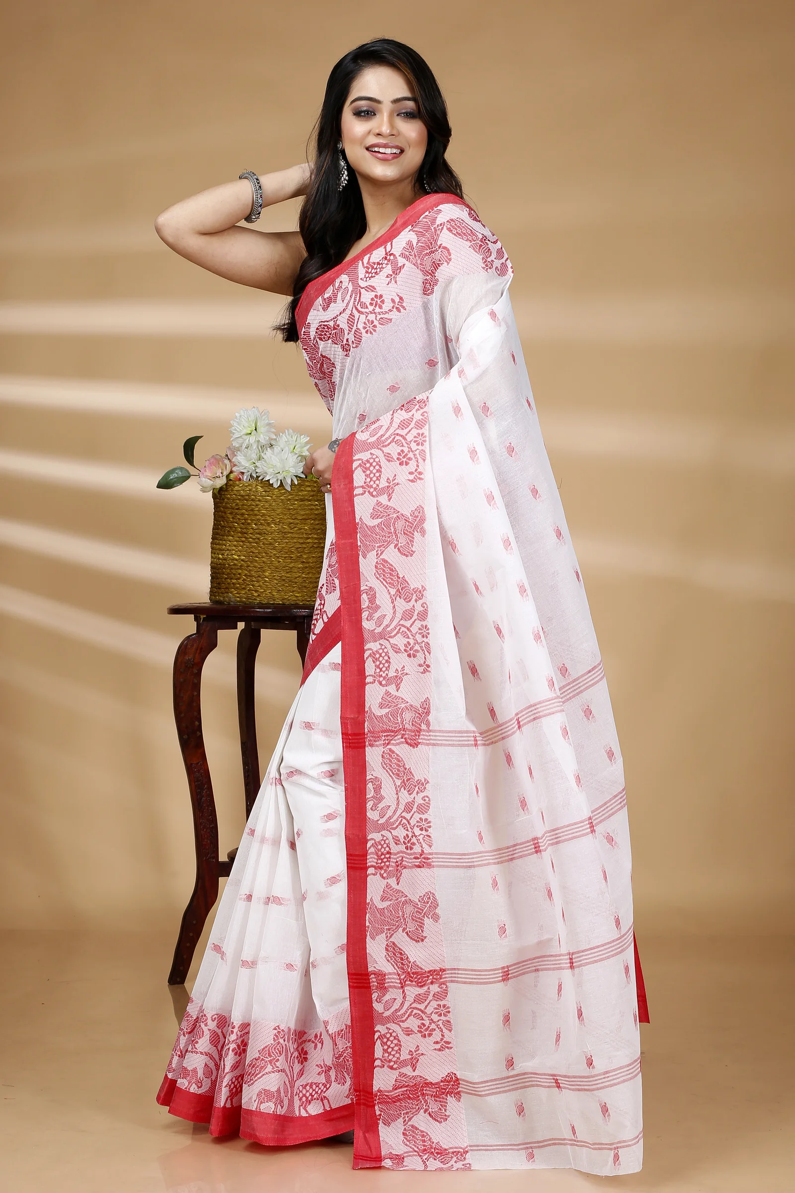 White Pure Cotton ParSakuntala Tant Saree (535)