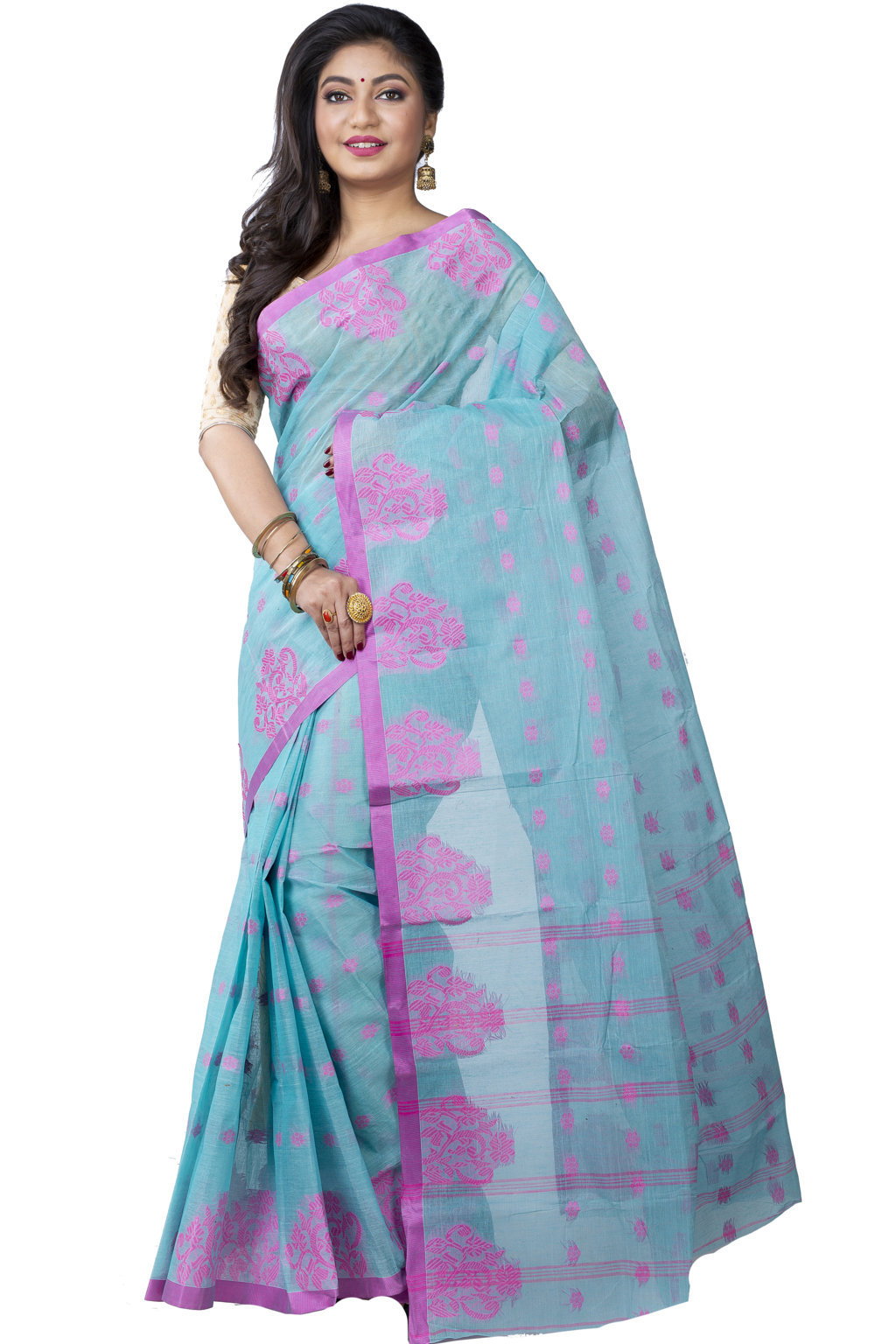 Cyan Pure Cotton Botgach Tant Saree (536)