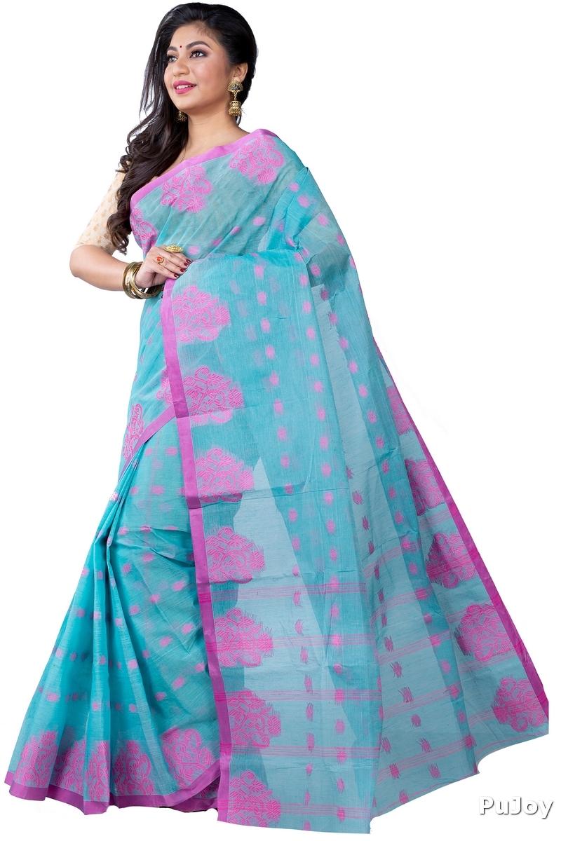 Cyan Pure Cotton Botgach Tant Saree (536)