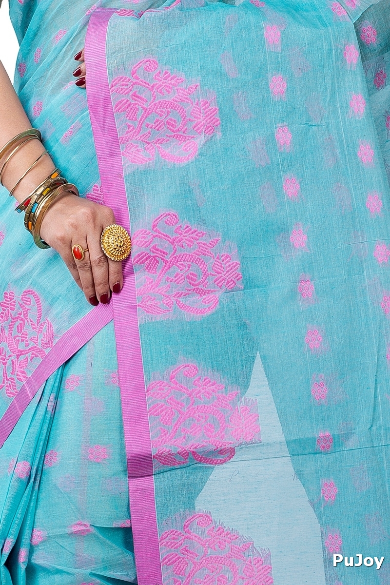 Cyan Pure Cotton Botgach Tant Saree (536)