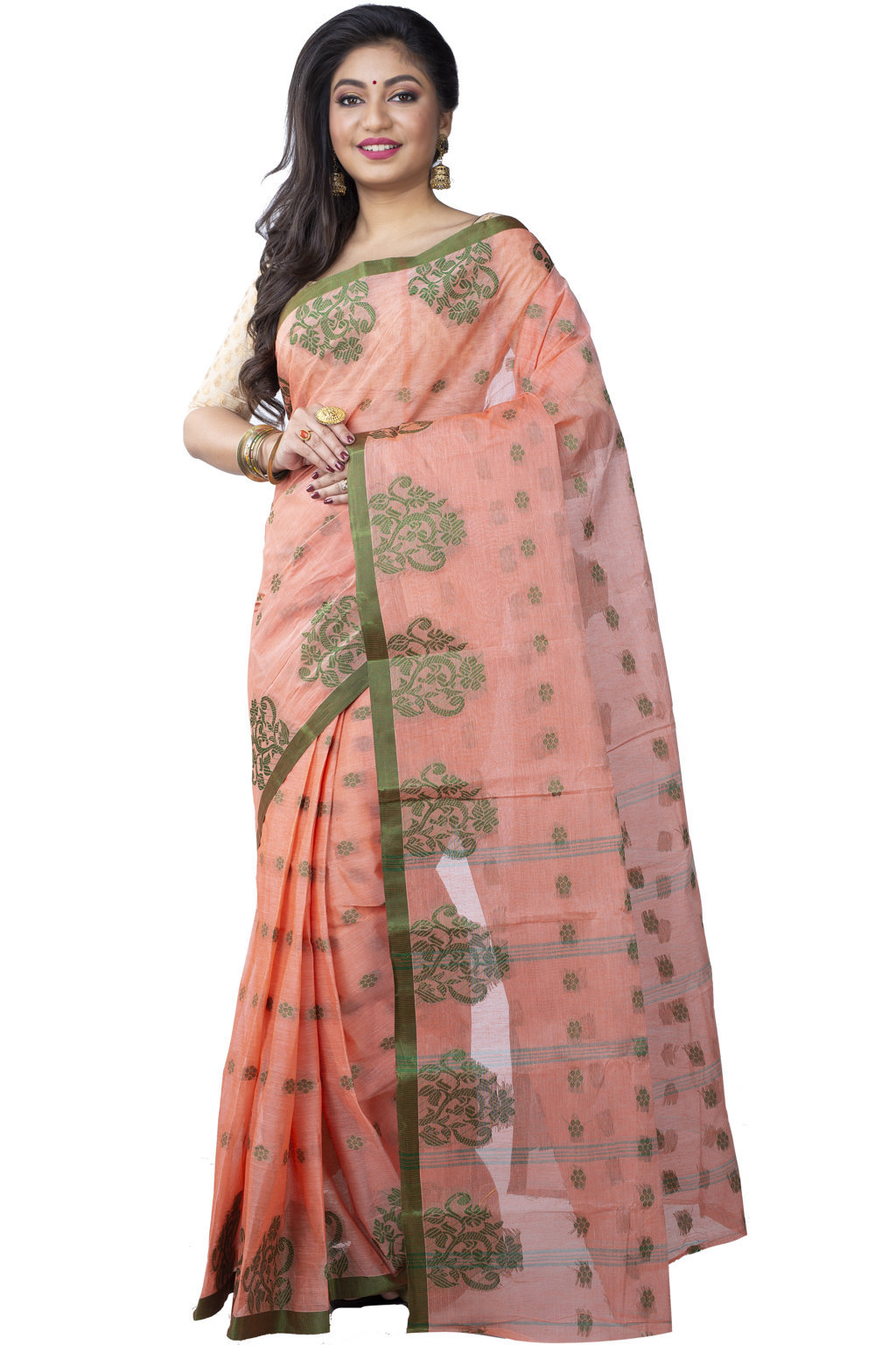 Light Orange Pure Cotton Botgach Tant Saree (539)
