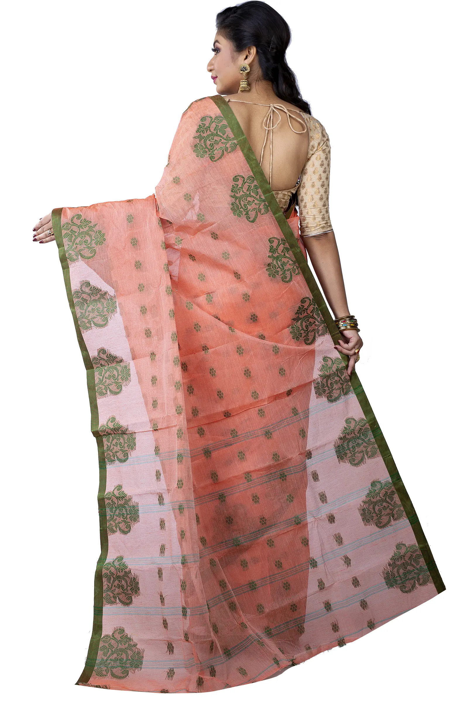 Light Orange Pure Cotton Botgach Tant Saree (539)