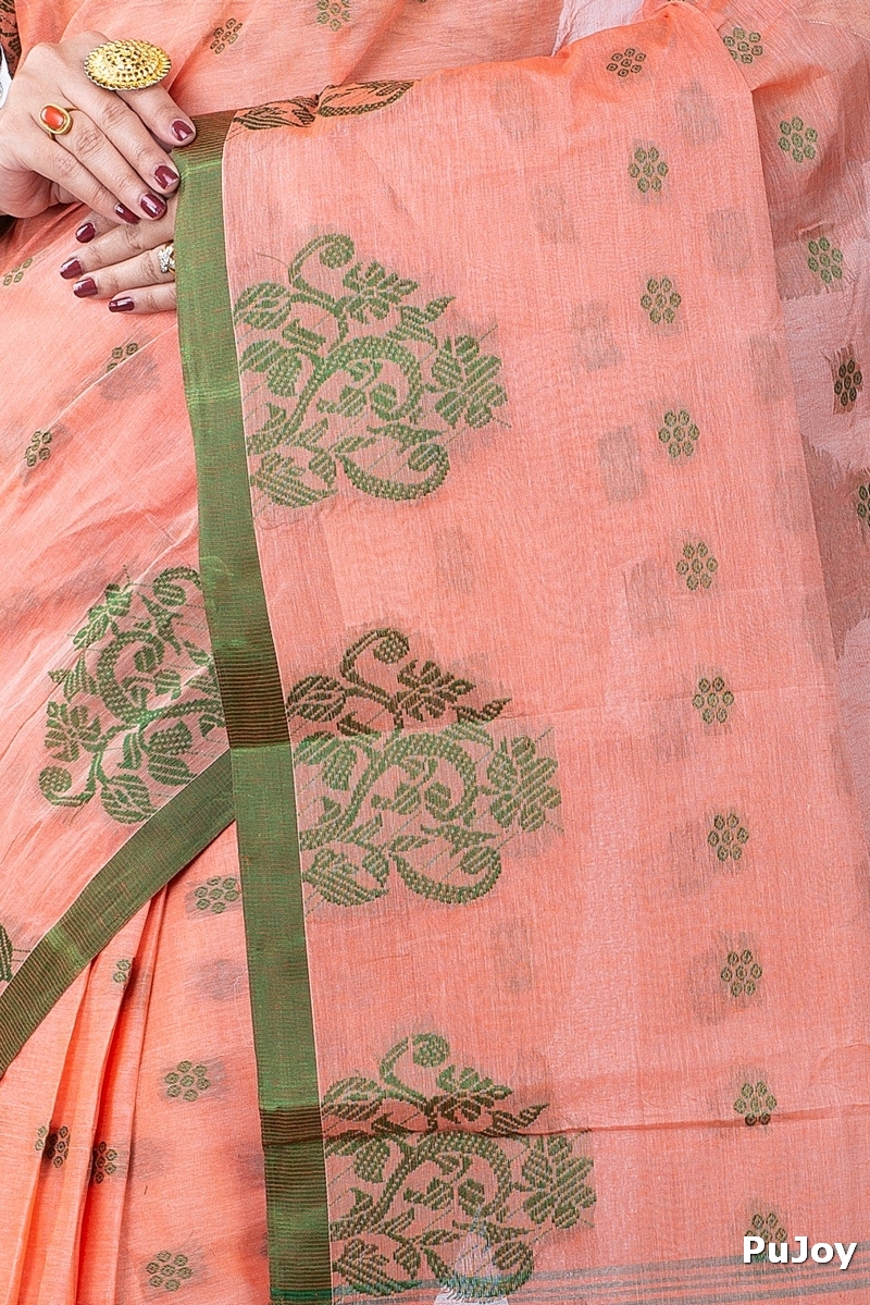 Light Orange Pure Cotton Botgach Tant Saree (539)