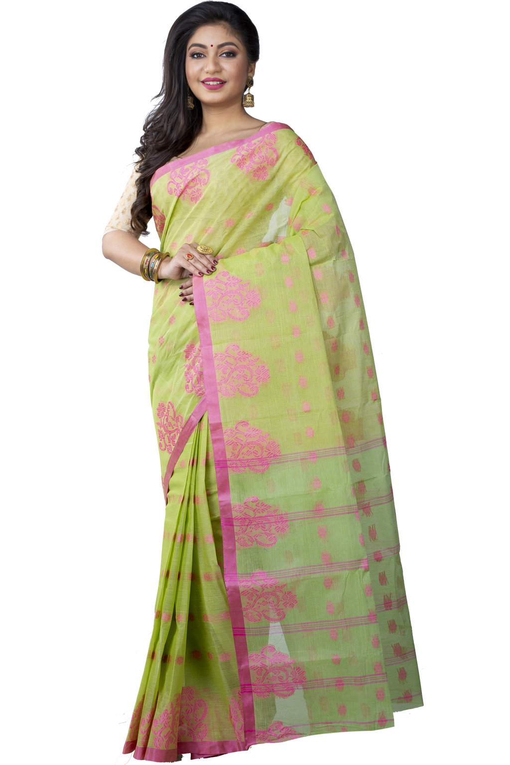 Olive Green Pure Cotton Botgach Tant Saree (541)