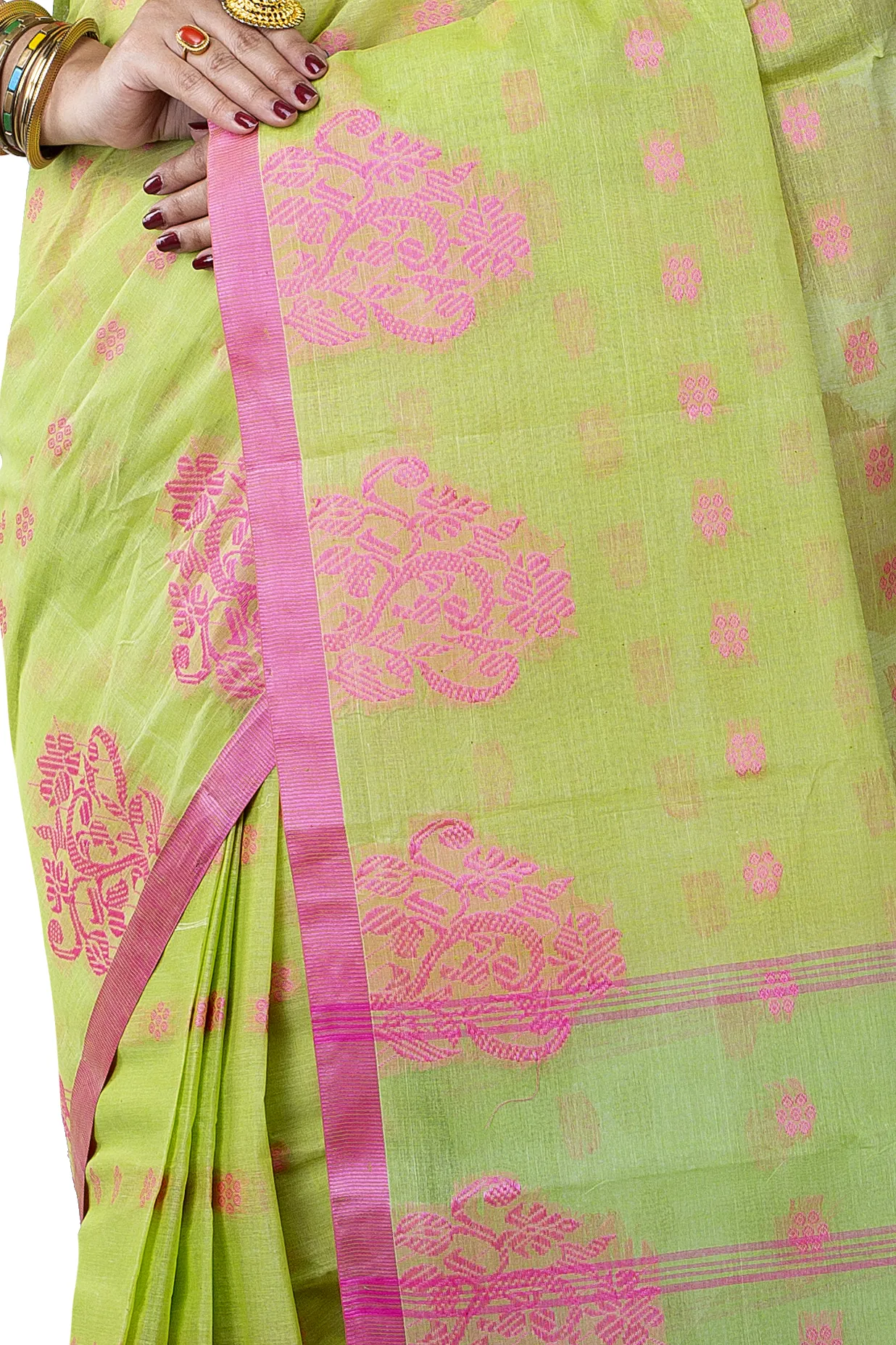 Olive Green Pure Cotton Botgach Tant Saree (541)