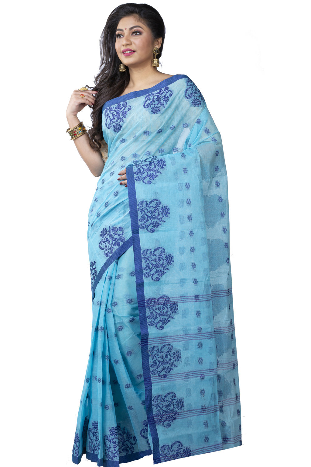 Sky Blue Pure Cotton Botgach Tant Saree (542)